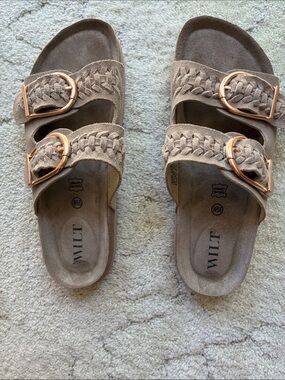 Wilt Taupe Braided Double-Strap Slide Sandals with Gold Buckles